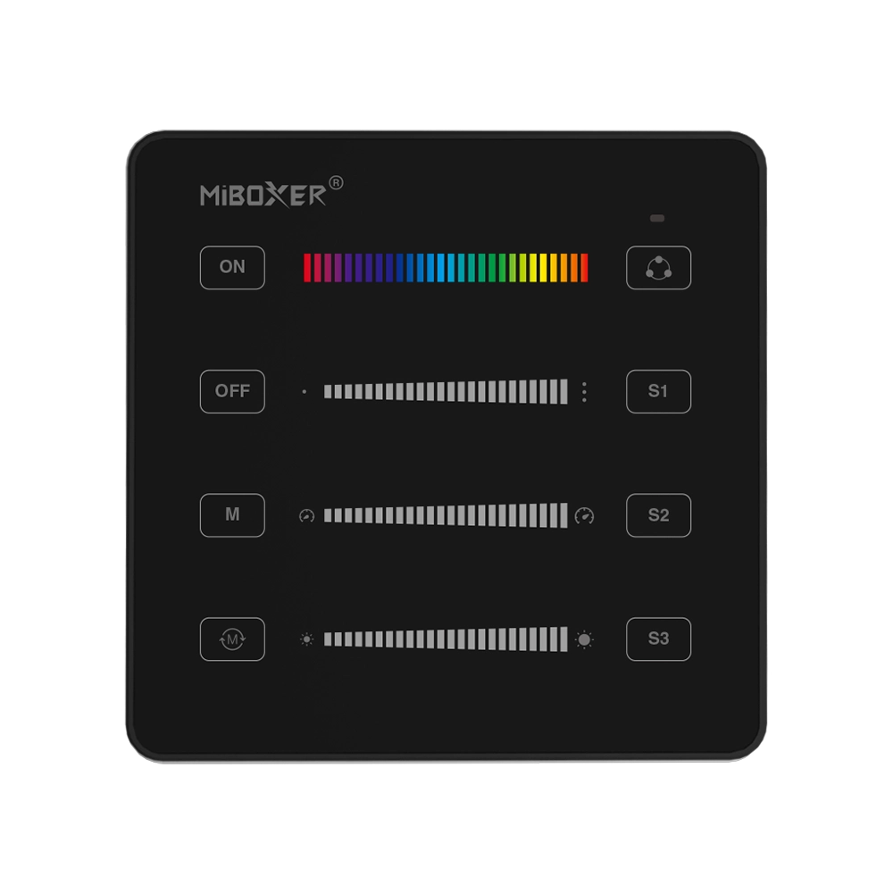 Black MiBoxer wall control panel with RGB color strip, sliders, and customizable preset buttons.