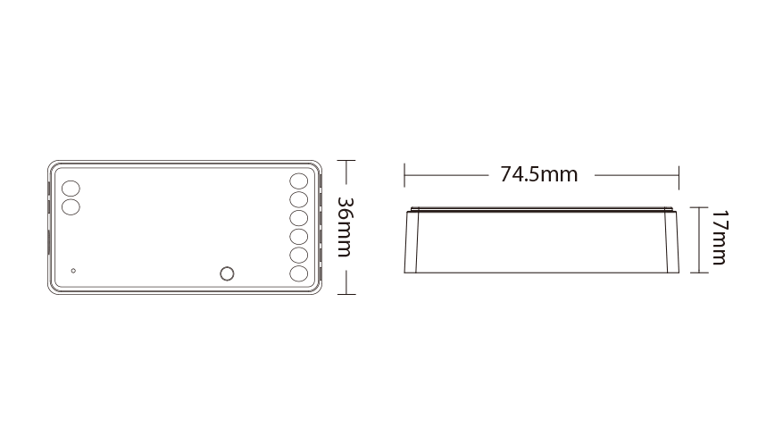 A technical line drawing of a rectangular device with dimensions 74.5mm by 36mm, and a side profile showing a height of 17mm.