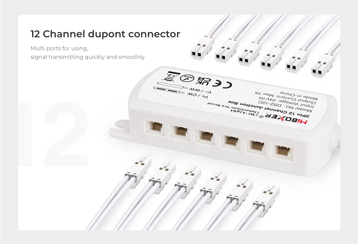 Close-up of MiBoxer 2-pin 12-channel junction box featuring Dupont connectors and multiple ports for fast signal transmission.