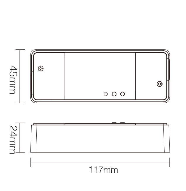 Dimensional diagram of the MiBoxer AC Triac Dimmer (2.4GHz + Push) showing measurements of 117mm by 45mm and 24mm in depth.