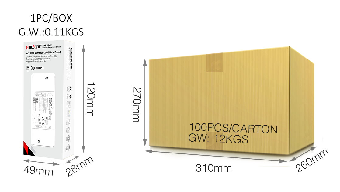 Packaging and carton dimensions for the MiBoxer AC Triac Dimmer, including 100 pieces per carton with a gross weight of 12kg.