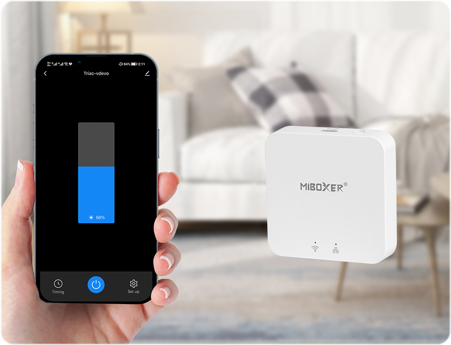 MiBoxer AC Triac Dimmer controlled via smartphone app, showing a brightness slider in a home environment.