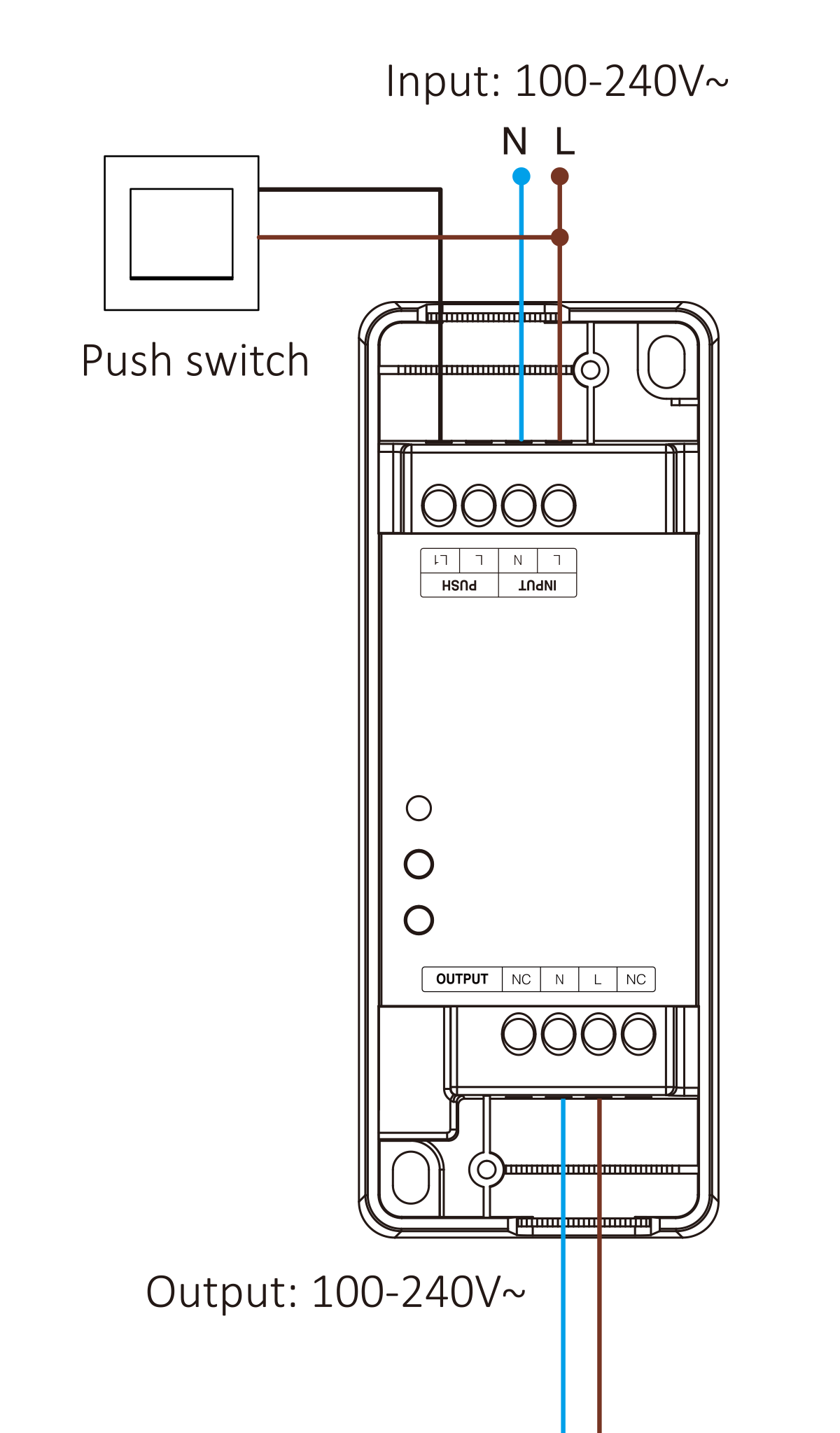 Diagram showing the wiring for the MiBoxer AC Triac Dimmer, with input for 100-240V AC, neutral (N) and live (L) connections, and a push switch. Output includes neutral (N), live (L), and normally closed (NC) terminals for dimming control.