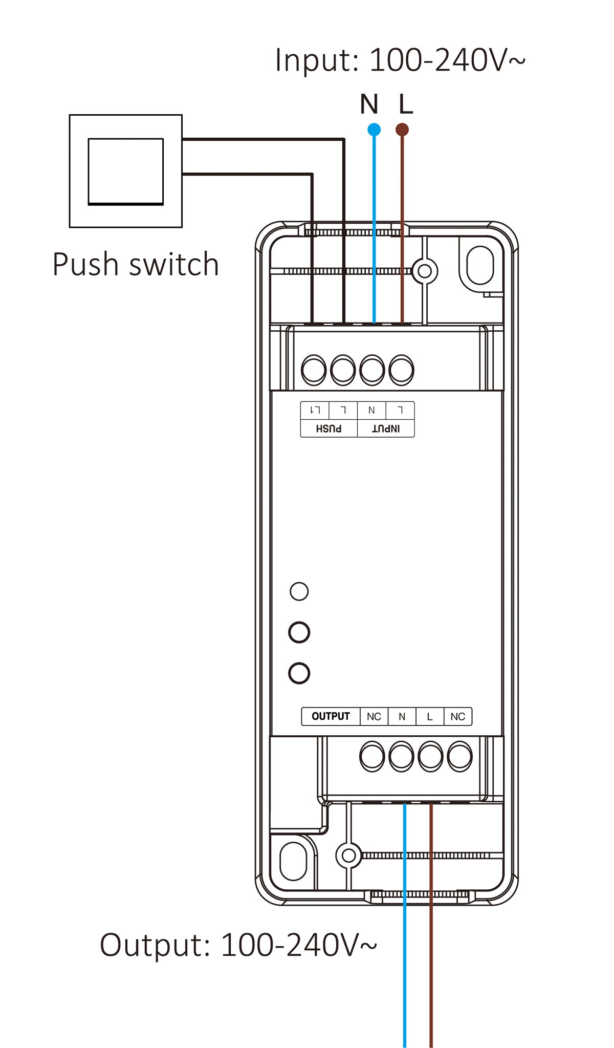 Wiring diagram for MiBoxer AC Triac Dimmer showing input and output for 100-240V and a push switch connection.