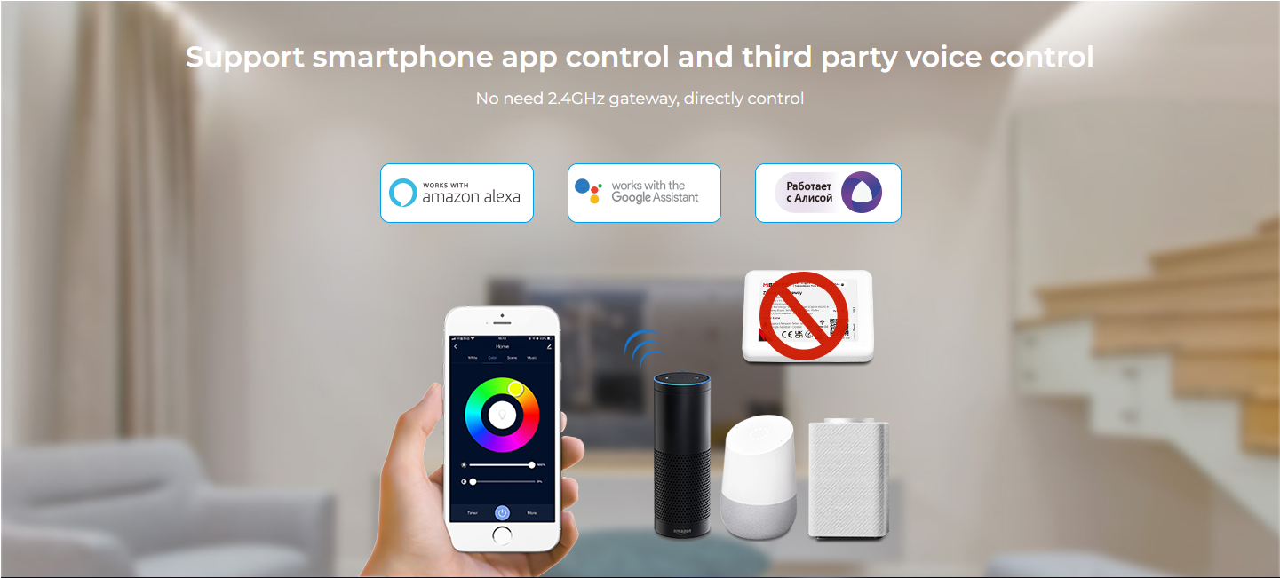 Support smartphone app control and third party voice control No need 2.4GHz gateway, directly control