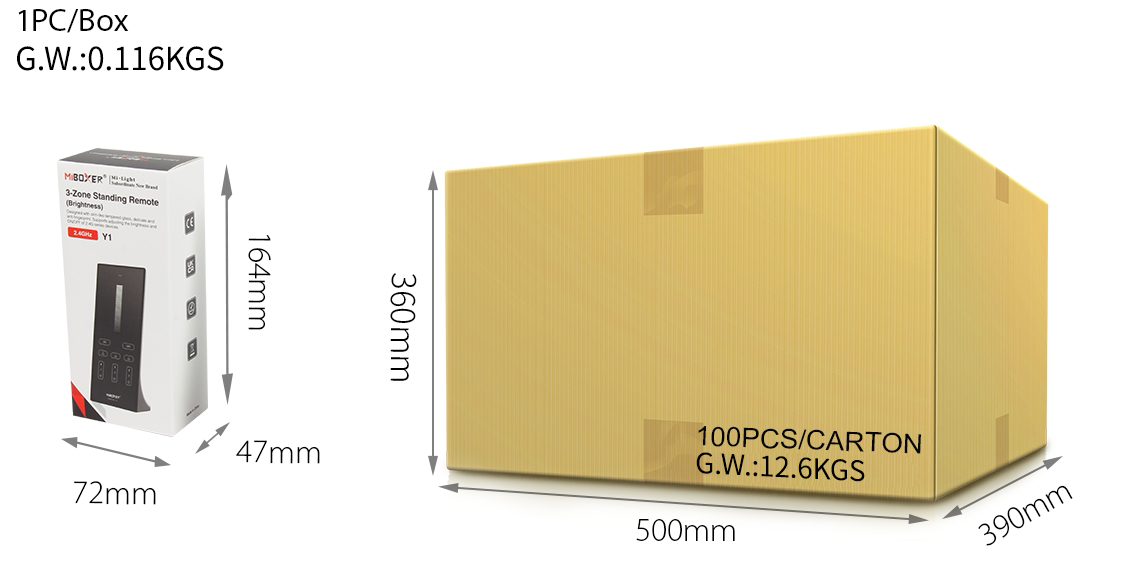 Packaging display of a MiBoxer 3-Zone Standing Remote (Y1 model) box measuring 164mm by 72mm by 47mm, shown next to a large carton that holds 100 units and measures 500mm by 390mm by 360mm with a total weight of 12.6kg.