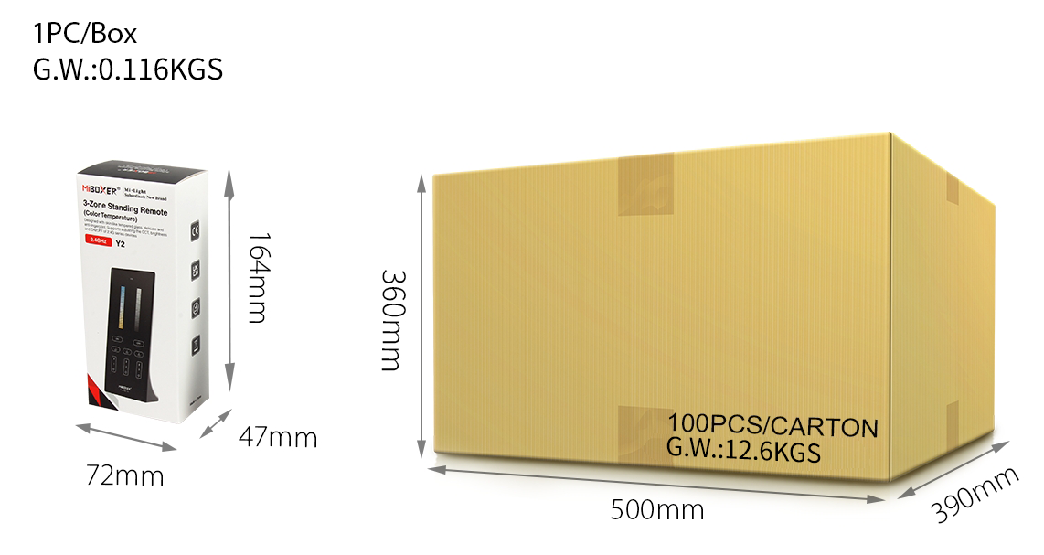 Packaging display of a MiBoxer 3-Zone Standing Remote (Y2 model) box measuring 164mm by 72mm by 47mm, next to a large carton holding 100 units with dimensions 500mm by 390mm by 360mm and a total weight of 12.6kg.