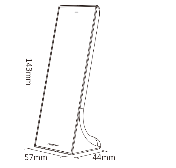 Line drawing of the Y2 standing remote control with dimensions: 143mm tall, 57mm wide, and 44mm deep.