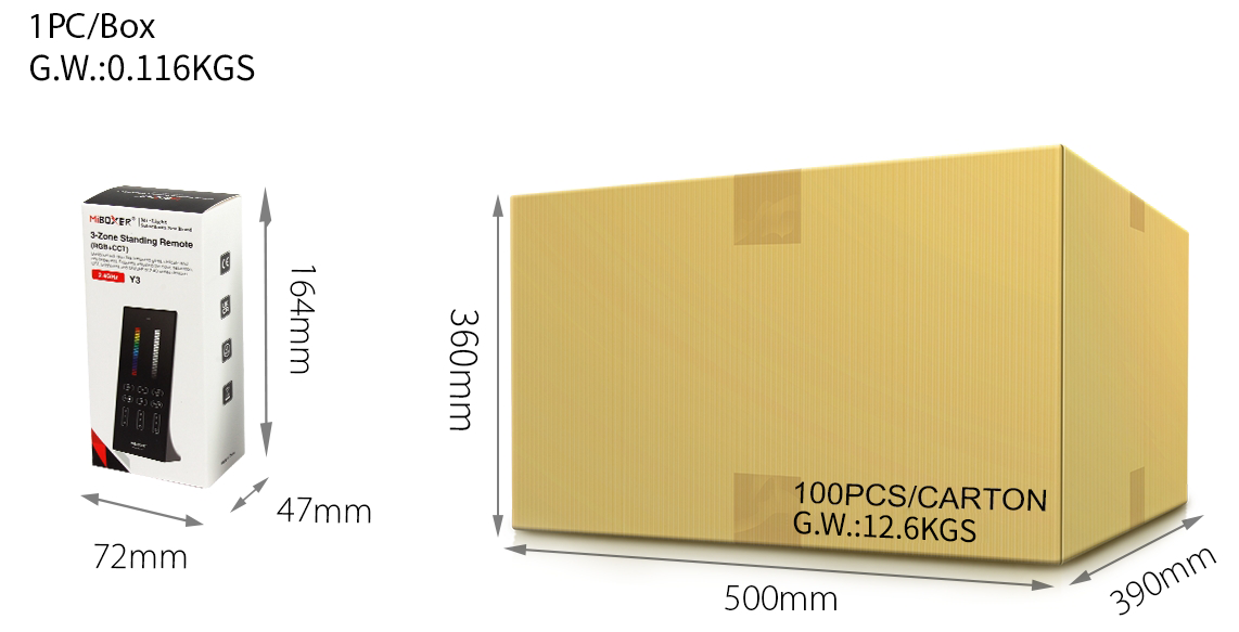 Packaging display showing a single remote box measuring 164mm by 72mm by 47mm, next to a 100-unit carton measuring 500mm by 390mm by 360mm with a total weight of 12.6kg.