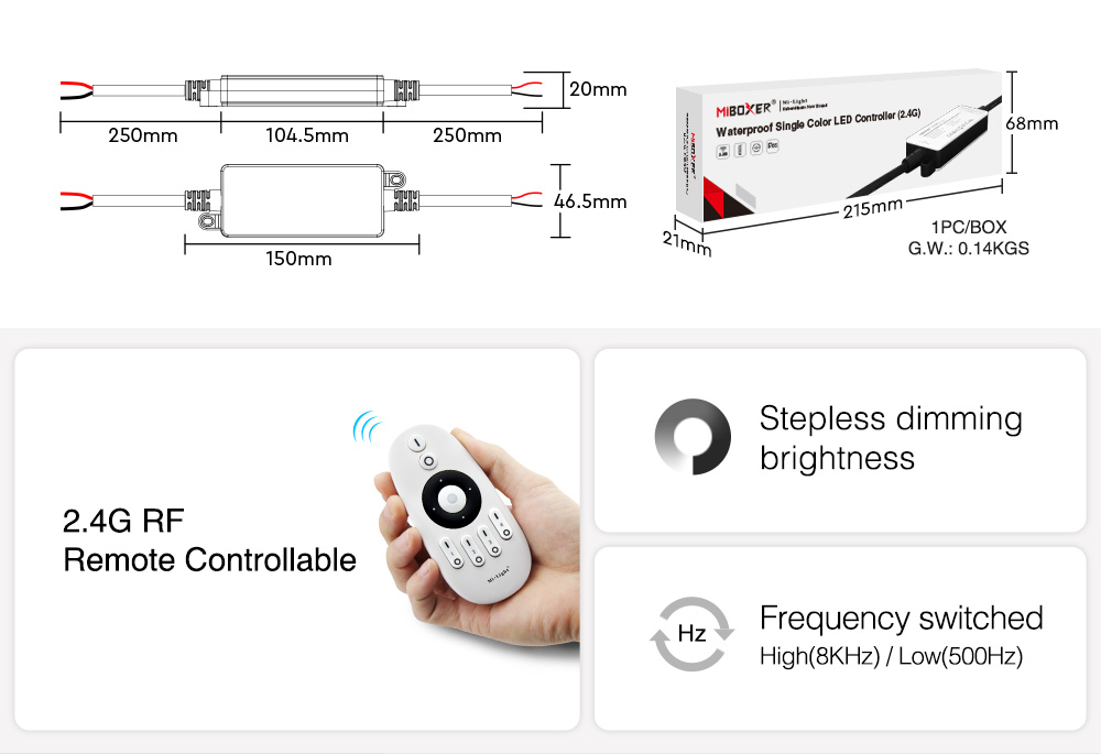 MiBoxer FUT036S-P waterproof LED controller showing product dimensions and specifications