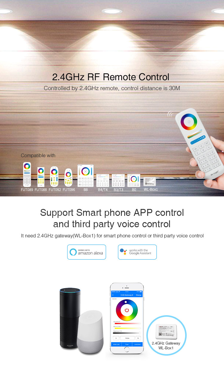 2.4 GHz RF remote control, a smartphone app, as well as third-party voice control i.e. Amazon Alexa and Google Assistant