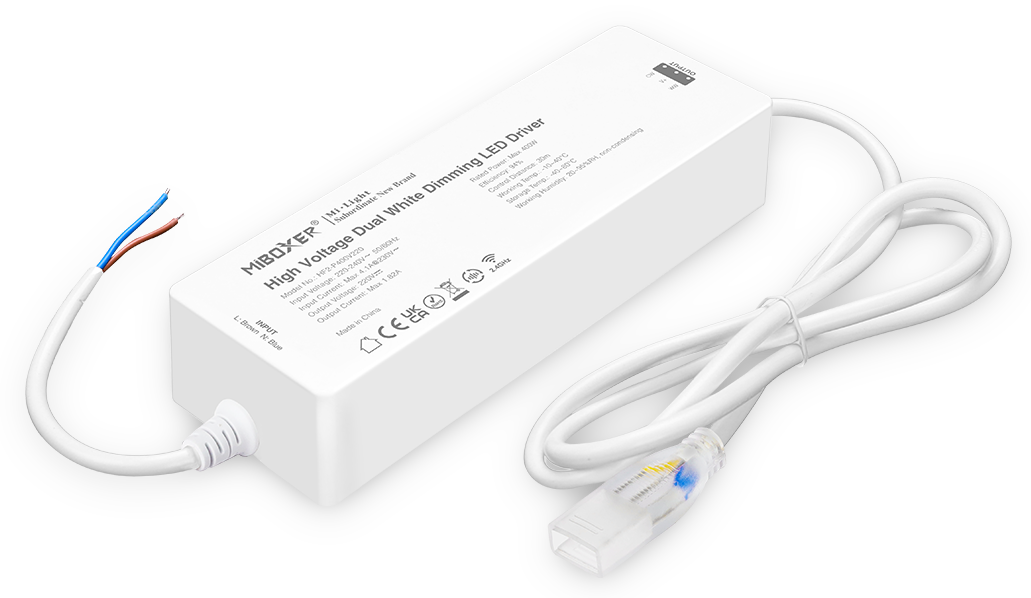 MiBoxer High Voltage Dual White Dimming LED Driver HF2-P400V220 showcasing its durable and compact design.