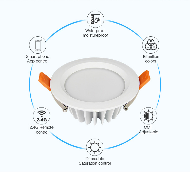 Mi-Light 6W RGB+CCT waterproof LED downlight FUT063 smart phone app control 16 million colours dimmable