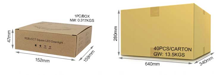 wholesale and retail packaging Mi-Light 9W RGB+CCT square LED downlight FUT064 product size weight inside the box