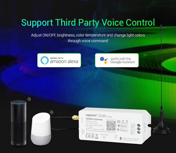 MiBoxer 433MHz gateway WL-433 support third party voice control Amazon Alexa Google Assistant
